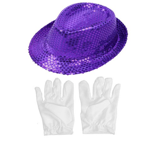 Mor Lila Renk Payetli Çocuk Şapkası ve Beyaz Renk Çocuk Eldiveni