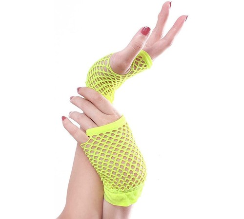 Neon Sarı Renk Kısa Boy Fileli Örgü Eldiven