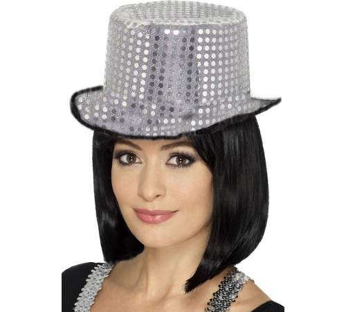 Parlak Pul İşlemeli Siyah Gümüş Renk Yetişkin Fötr Parti Şapkası