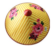 Pembe Çiçekli Saten Kaplama Sarı Vietnam Şapkası