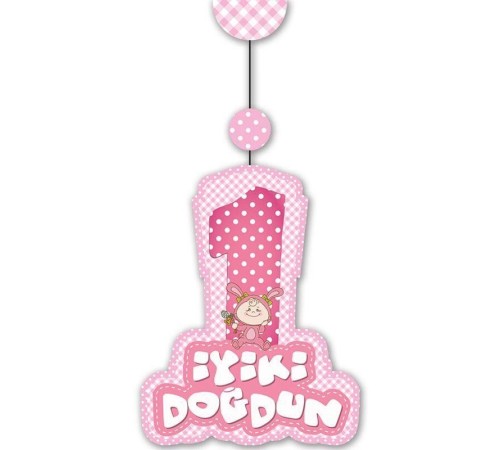 Pembe Renk Asmalı İyiki Doğdun Yazılı 1 Yaş Kız 3lü Süs Set