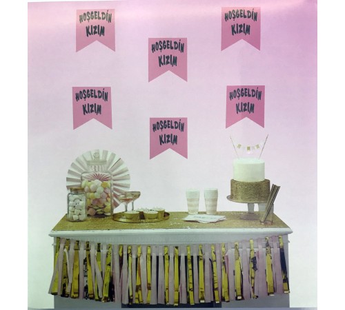 Pembe Üzeri Gümüş Renk Hoşgeldin Kızım Bayrak Süs