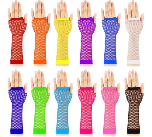 Rengarenk Dirsek Altı Boy Fileli Parti Eldiveni 12 Çift