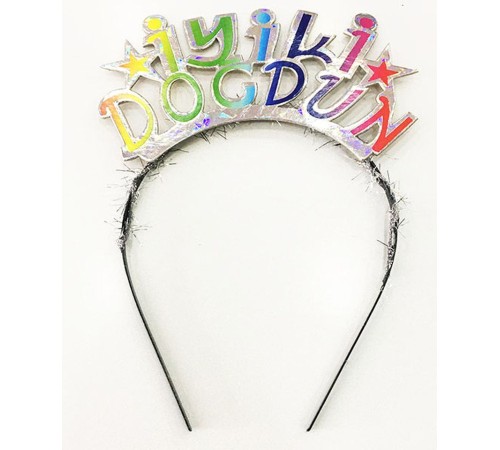 Rengarenk İyiki Doğdun Yazılı Gümüş Renk Unicorn Doğum Günü Tacı