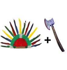 Rengarenk Kızılderili Tüylü Başlık ve Plastik Kızılderili Baltası