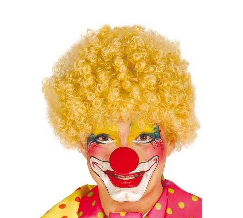 Sarı Renk Kıvırcık Afro Bonus Peruk Takma Saç ve Kırmızı Burun Seti