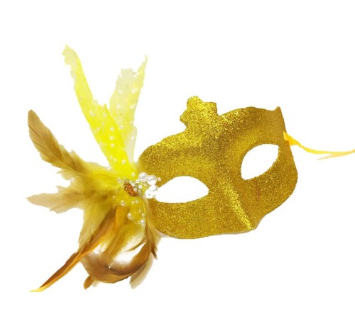 Sim İşlemeli İnci Boncuk Detaylı Tüylü Balo Maskesi Altın Renk 13x18 cm