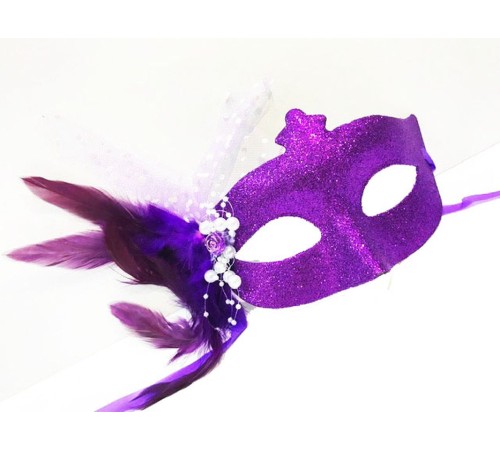 Sim İşlemeli İnci Boncuk Detaylı Tüylü Balo Maskesi Mor Renk 13x18 cm