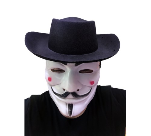 Siyah Renkli Delikli Çocuk Boy Vendetta Şapkası ve Vendetta Maskesi