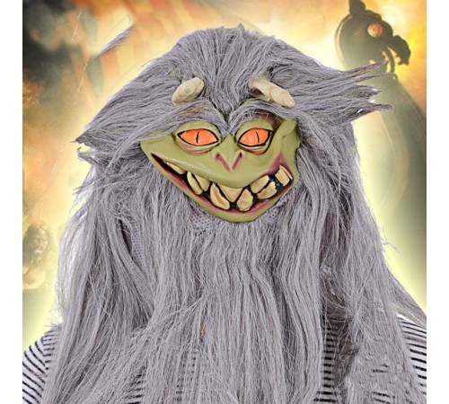 Uzun Kırçıllı Gri Sakallı Turuncu Gözlü Boynuzlu Lateks Canavar Maskesi