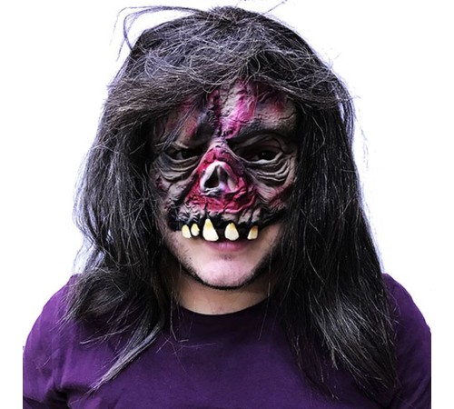 Uzun Siyah Saçlı Yarım Surat Dişli Zombi Lateks Et Maske