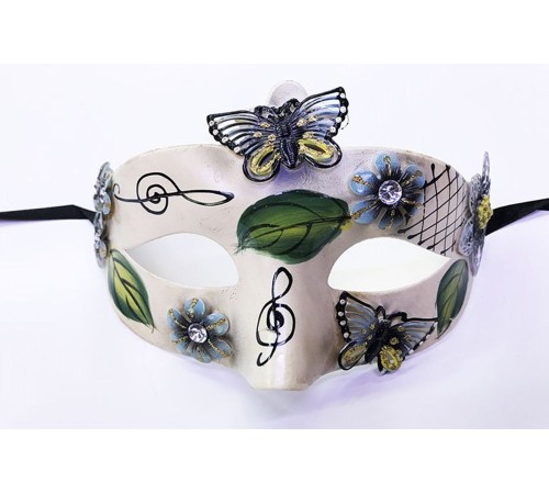 ve Çiçek İşlemeli Venedik Maskesi Siyah Renk 10x18 cm