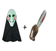 Yeşil Neon Renk Pelerinli Testere Saw Maskesi ve Testerenin Kılıcı