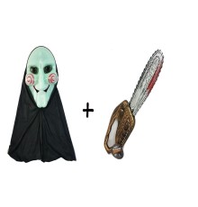 Yeşil Neon Renk Pelerinli Testere Saw Maskesi ve Testerenin Kılıcı