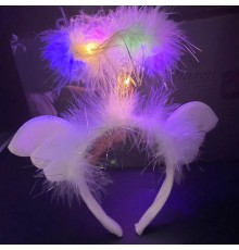 Beyaz Kanatlı Beyaz Tüylü Led Işıklı 3 Fonksiyonlu Melek Hare Taç 20x25 cm