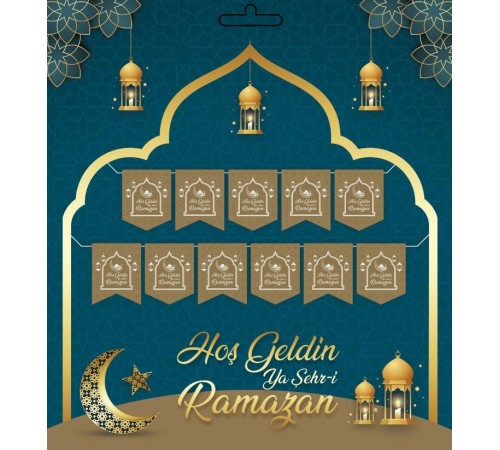 Altın Renk Hoşgeldin Ya Şehr-i Ramazan Yazılı Banner Ramazan Süslemesi 230 cm