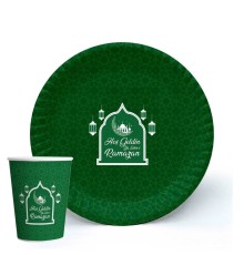 Yeşil Renk Hoşgeldin Ya Şehr-i Ramazan Yazılı Tabak ve Bardak Seti 16 Adet