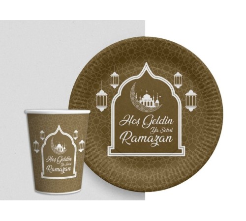 Altın Renk Hoşgeldin Ya Şehr-i Ramazan Yazılı Tabak ve Bardak Seti 16 Adet