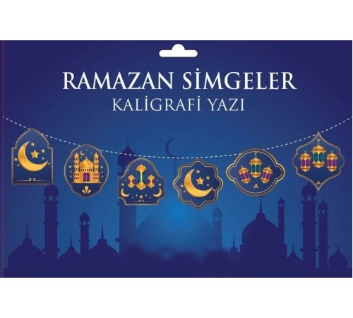Mavi Üzeri Altın Renk Ramazan Koreografi Simgeler Banner Afiş 21x150 cm