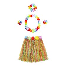 Yetişkin ve Çocuk Uyumlu Luau Aloha Hawaii Kolye Renkli Etek Taç ve Bileklik Seti