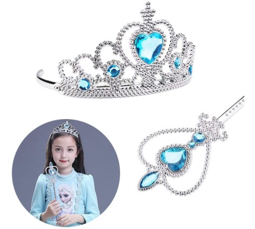Karlar Ülkesi Elsa Mavi Kalpli Taç ve Mavi Asa Seti Çocuk Boy