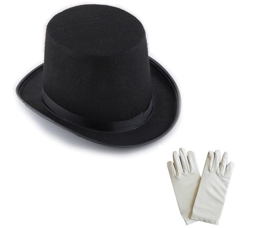 Siyah Sihirbaz Fötr Şapka 15 cm - 1 Çift Beyaz Sihirbaz Eldiveni - Yetişkin Boy