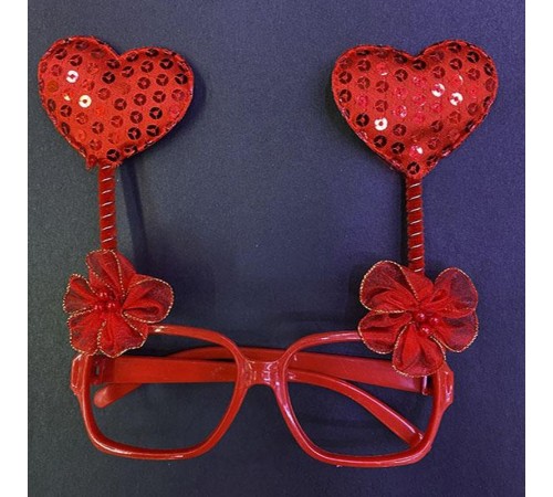 Kırmızı Renk Kalp Figürlü Camsız Metalize Parti Gözlüğü