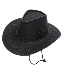 Bağcıklı Çocuk Boy Nubuk Süet Kovboy Şapkası Siyah Renk