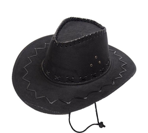 Bağcıklı Çocuk Boy Nubuk Süet Kovboy Şapkası Siyah Renk