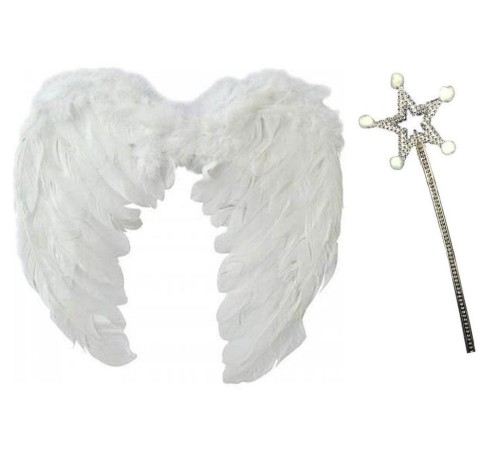 Beyaz Renk Orta Boy Çocuk Melek Kanadı 35x50 cm ve Beyaz Ponponlu Asa