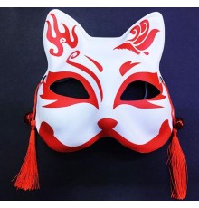 Kırmızı Püsküllü Boncuklu Beyaz Üzeri Kırmızı Renk Plastik Kedi Maskesi Model 1