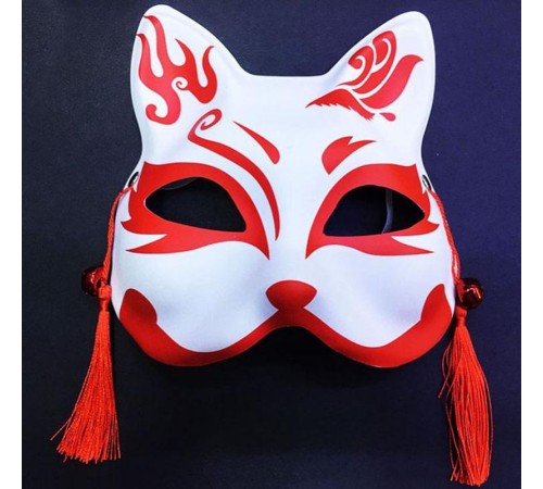 Kırmızı Püsküllü Boncuklu Beyaz Üzeri Kırmızı Renk Plastik Kedi Maskesi Model 1
