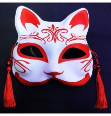 Kırmızı Püsküllü Boncuklu Beyaz Üzeri Kırmızı Renk Plastik Kedi Maskesi Model 2