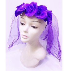 Uzun Duvaklı Üstü Mor Çiçekli Parti Tacı