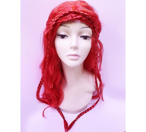 Kırmızı Renk Astarlı Örgülü Helen Karakter Peruğu Takma Saç Peruk