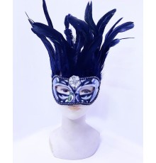 Siyah Renk Ekstra Bol Kuş Tüylü Gümüş Dantelli Venedik Maskesi 30x19 cm