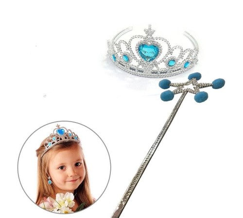 Mavi Ponponlu Karlar Ülkesi Elsa Asası ve Mavi Kalp Taşlı Elsa Tacı