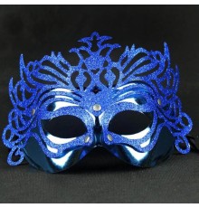 Metalik Mavi Renk Masquerade Simli Parti Maskesi 23x14 cm