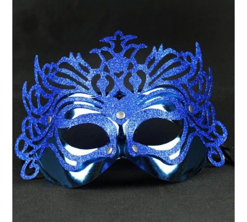 Metalik Mavi Renk Masquerade Simli Parti Maskesi 23x14 cm