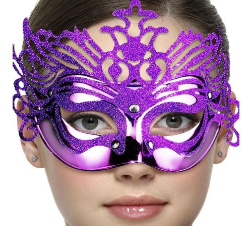 Metalik Mor Renk Masquerade Simli Parti Maskesi 23x14 cm