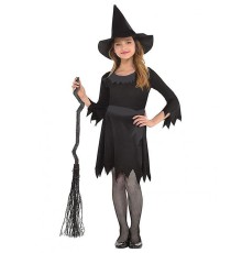 Siyah Elbiseli Siyah Şapkalı Çocuk Cadı Kostümü