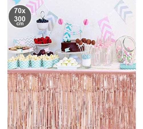 Püsküllü Işıltılı Metalize Rose Renk Masa Eteği 70x300 cm
