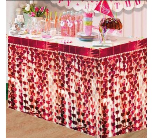 Püsküllü Işıltılı Metalize Kırmızı Kalpli Masa Eteği 75x360 cm