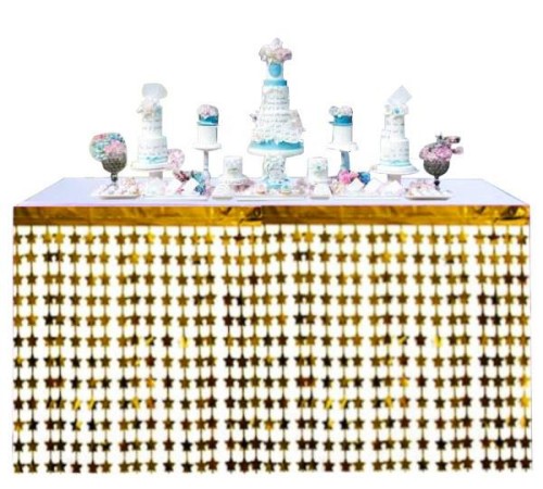 Püsküllü Işıltılı Metalize Altın Yıldızlı Masa Eteği 75x360 cm