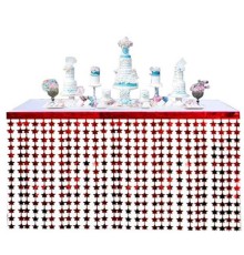 Püsküllü Işıltılı Metalize Kırmızı Yıldızlı Masa Eteği 75x360 cm