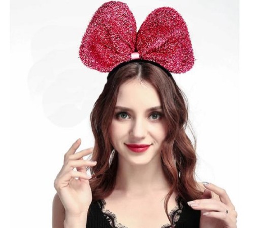 Metalize Parlak Pullu Fiyonk Kurdele Parti Tacı Pembe Renk 25x17 cm