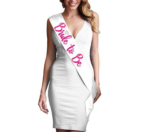 Bride To Be Saten Kuşak Beyaz Üzeri Metalize Fuşya Yazılı 160x9.5 cm