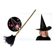 Siyah Cadı Şapkası - Bambu Saplı Cadı Süpürgesi - 2 li Set