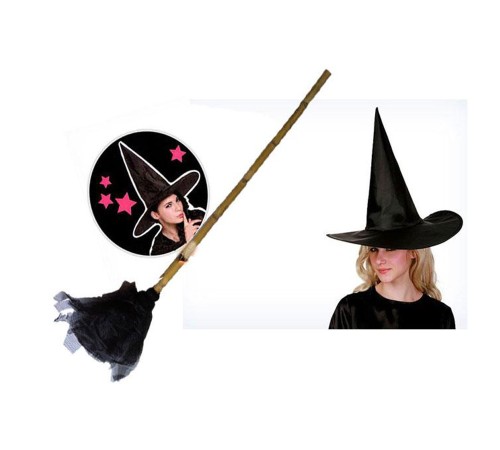 Siyah Cadı Şapkası - Bambu Saplı Cadı Süpürgesi - 2 li Set