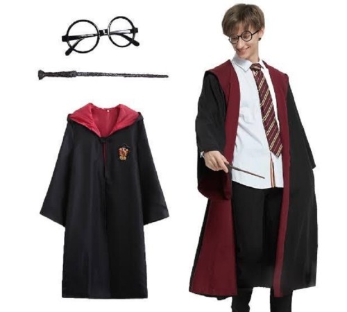 Harry Potter Gryffindor Kapişonlu Çocuk Kostüm + Asa + Gözlük Seti 9-10 Yaş